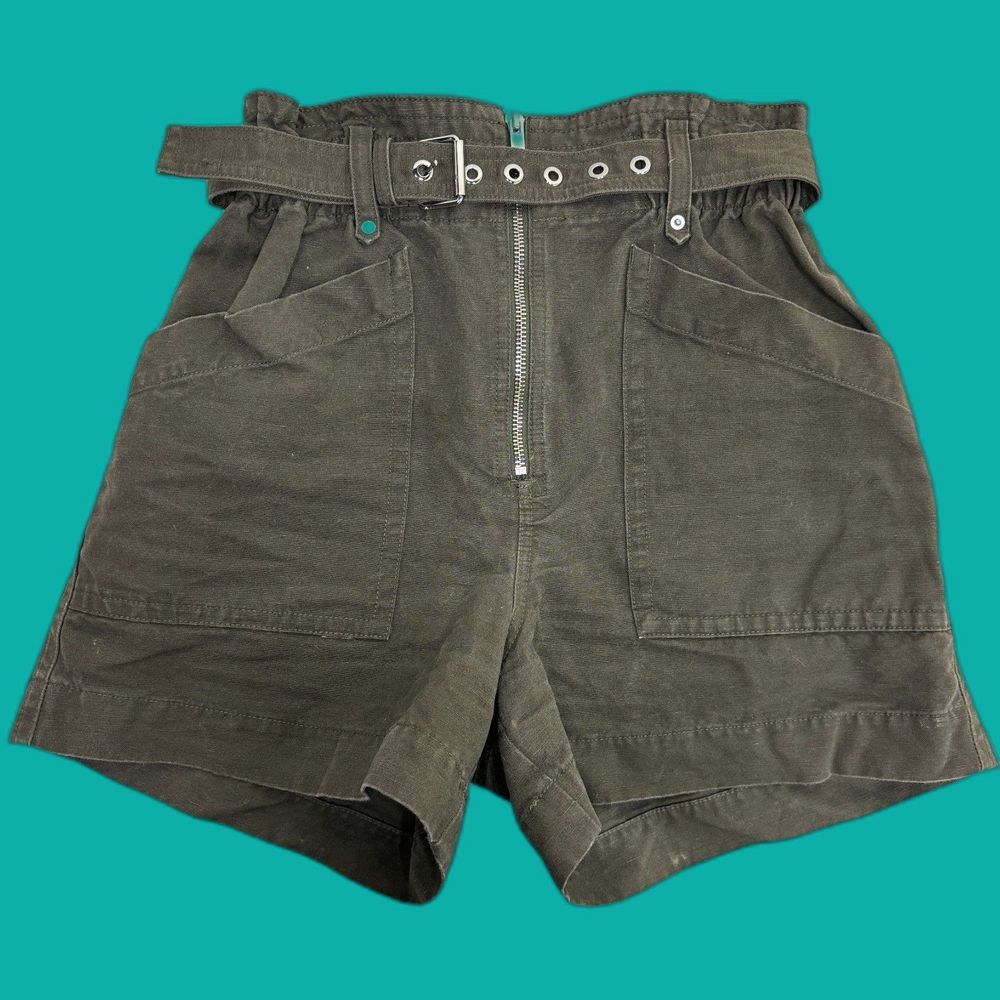 Banana Republic Cotton Linen Blend Khaki Green Paperbag Belted Shorts Sz 0